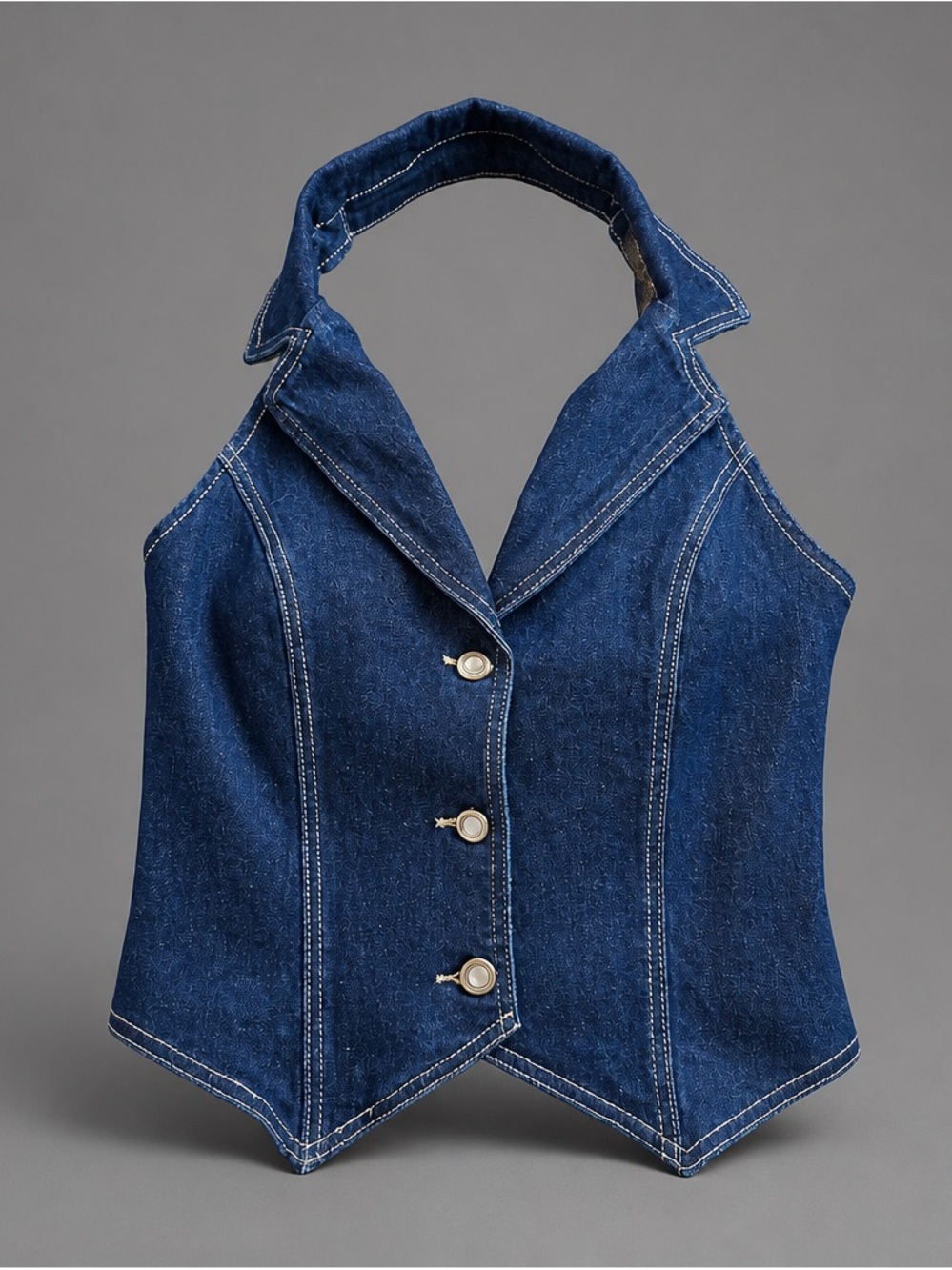 Lulu's Dark Blue Denim Halter Vest Crop Top